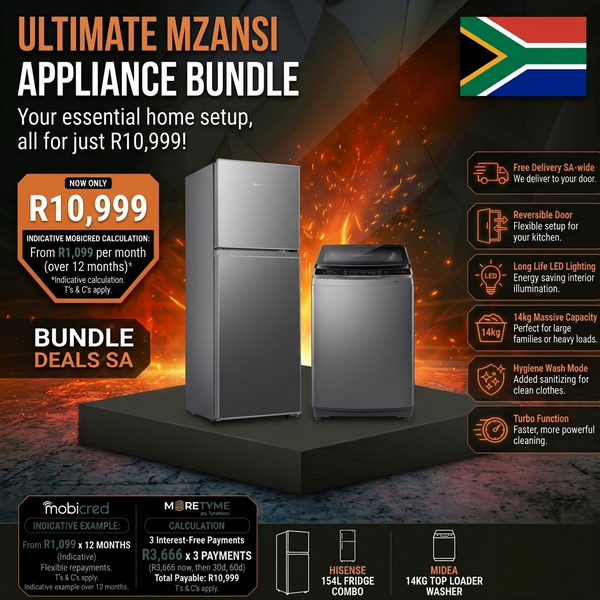 Ultimate Titanium Home Starter Bundle || Midea 14kg Top Loader Washing Hisense 154 Litre Fridge & Top Freezer Combination